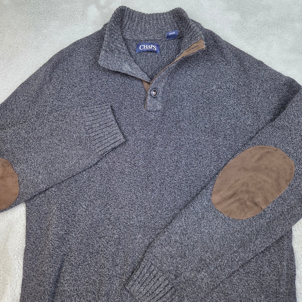 Chaps Mock Neck Sweater Mens L Elbow Patches Button Placket Charcoal Gray Cotton